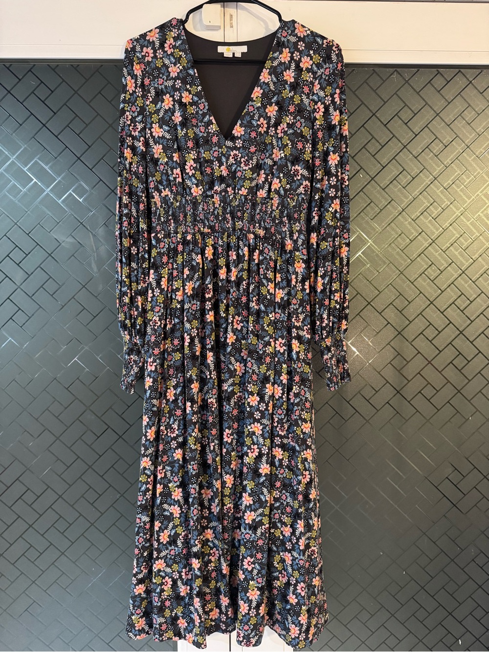 Boden Grey Floral V-Neck Long Sleeve Midi Dress